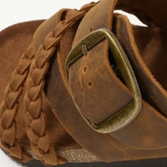 White Mountain Brown Leather Sandals Braided Straps Large Brass Buckle SZ 6 - Picture 6 of 14